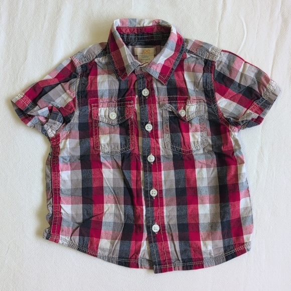 joe fresh red plaid cotton short sleeve button down shirt 3T toddler boys - Picture 1 of 4
